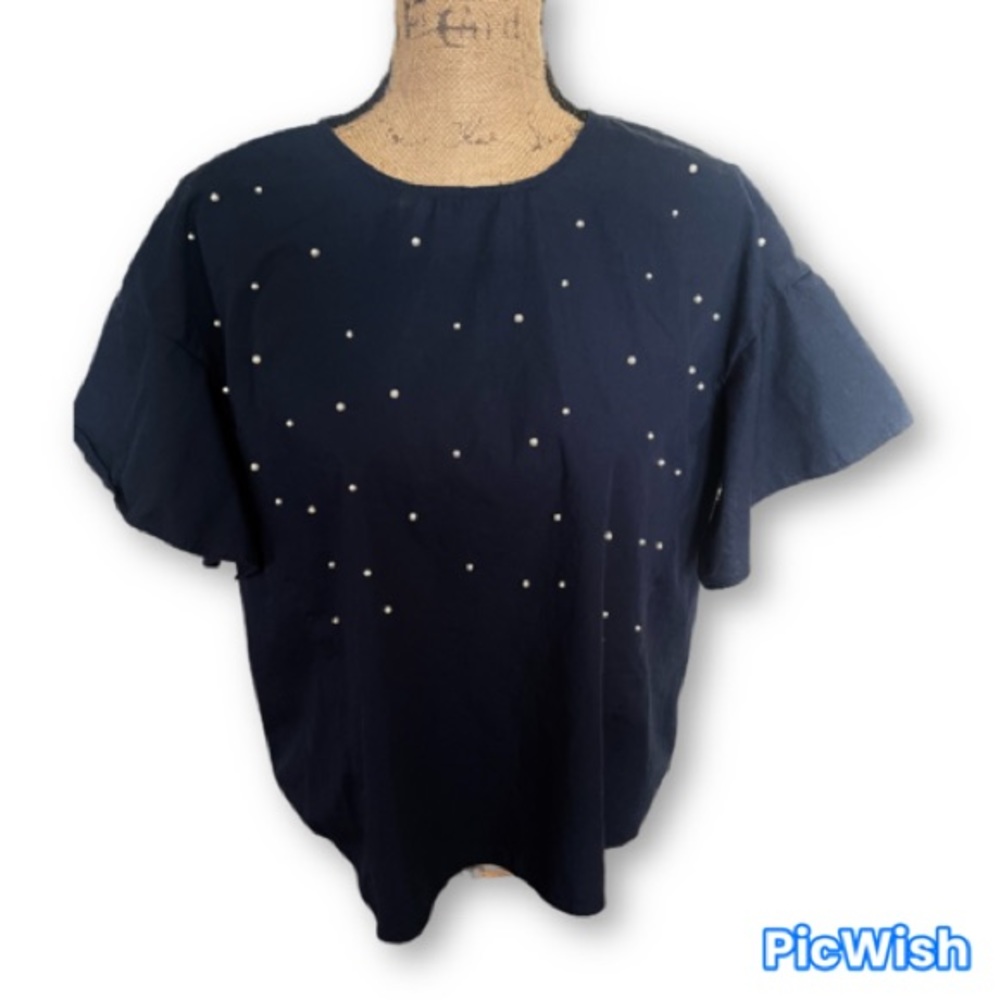 Zara Basic Collection Navy blue with pearls flowy Sleeve Top